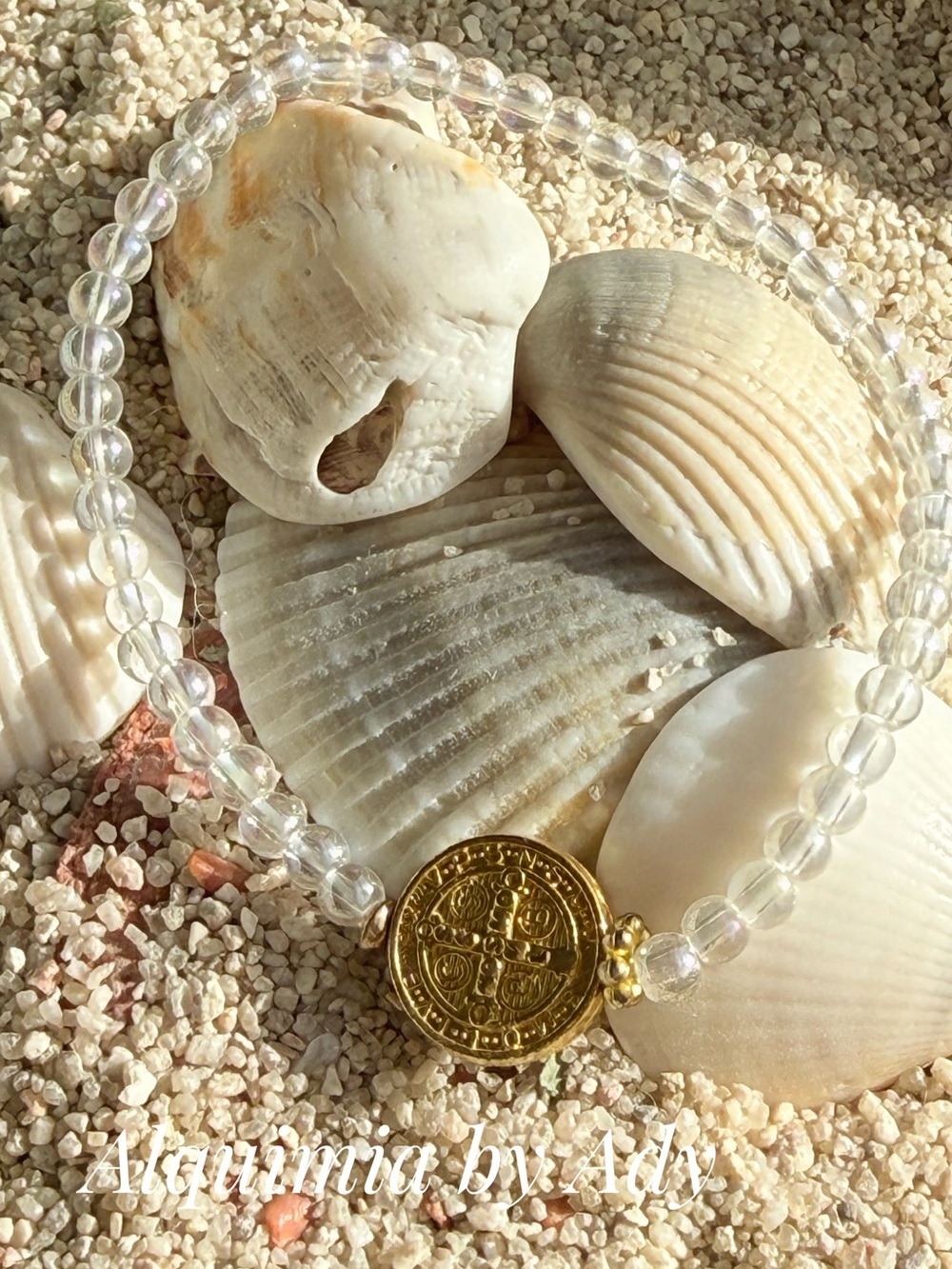 Clear aura quartz Bead Bracelet with Gold Coin Pendant